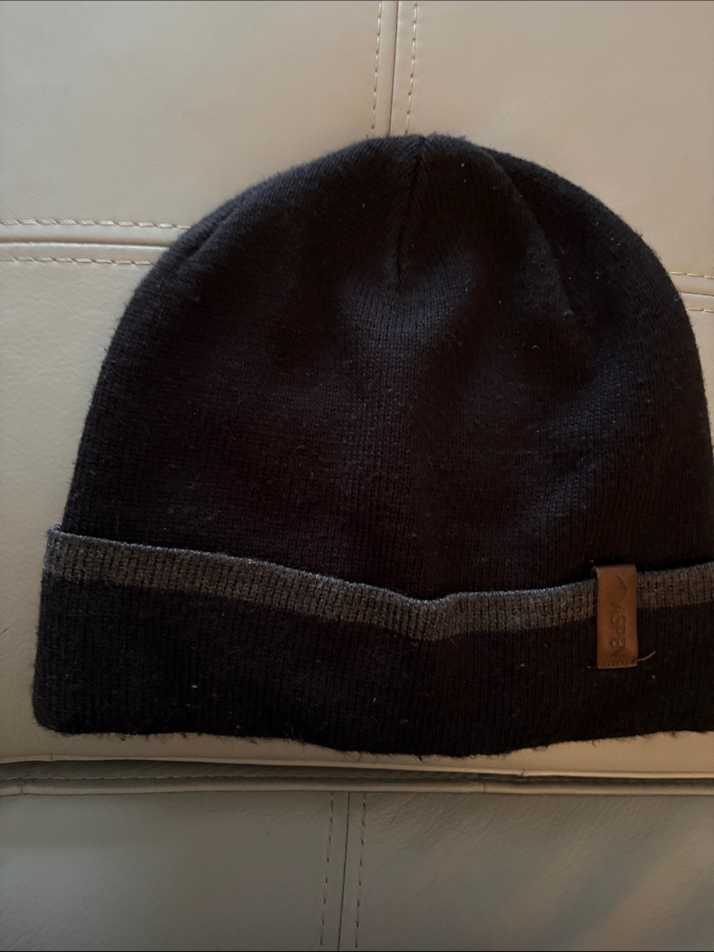 Men's Black Beanie with Gray Trim and Leather Tab